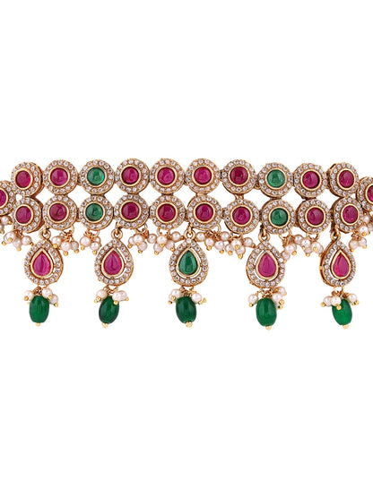 Two Lined Ruby & Green Elegance Attigai Chocker Necklace with Jhumkis Jewellery Set