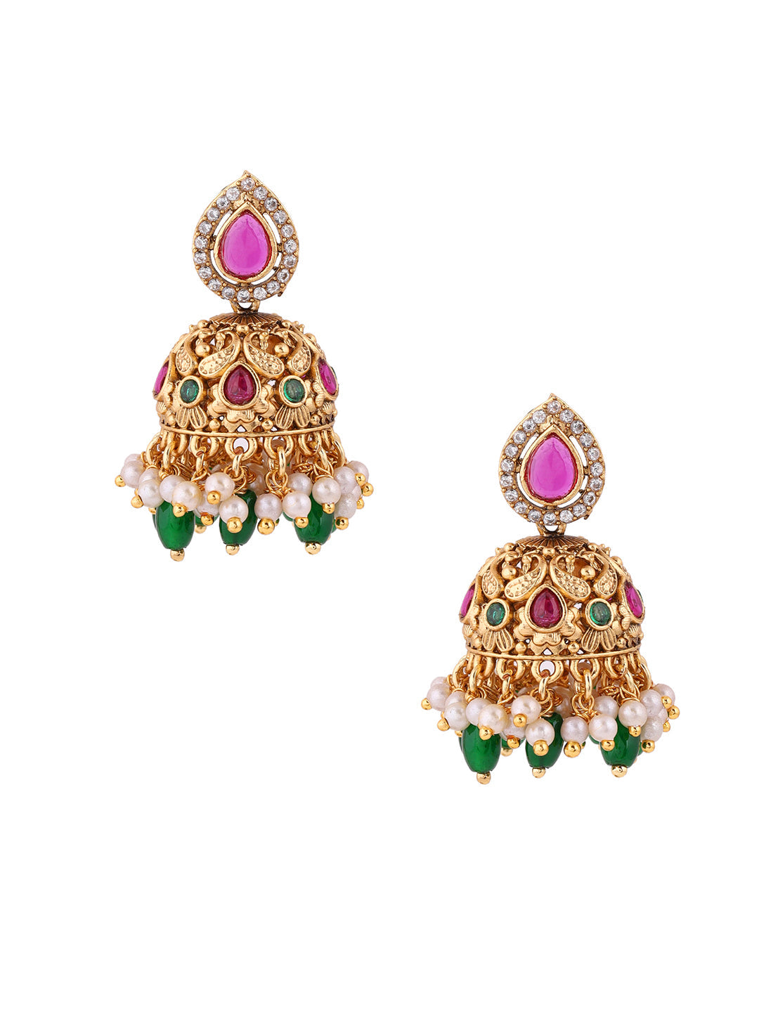 Two Lined Ruby & Green Elegance Attigai Chocker Necklace with Jhumkis Jewellery Set