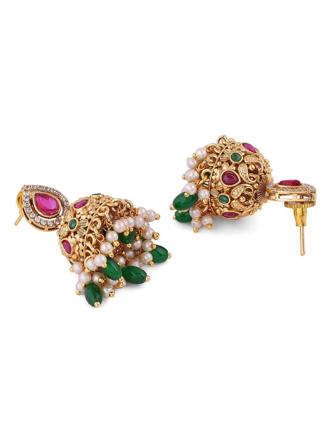 Two Lined Ruby & Green Elegance Attigai Chocker Necklace with Jhumkis Jewellery Set