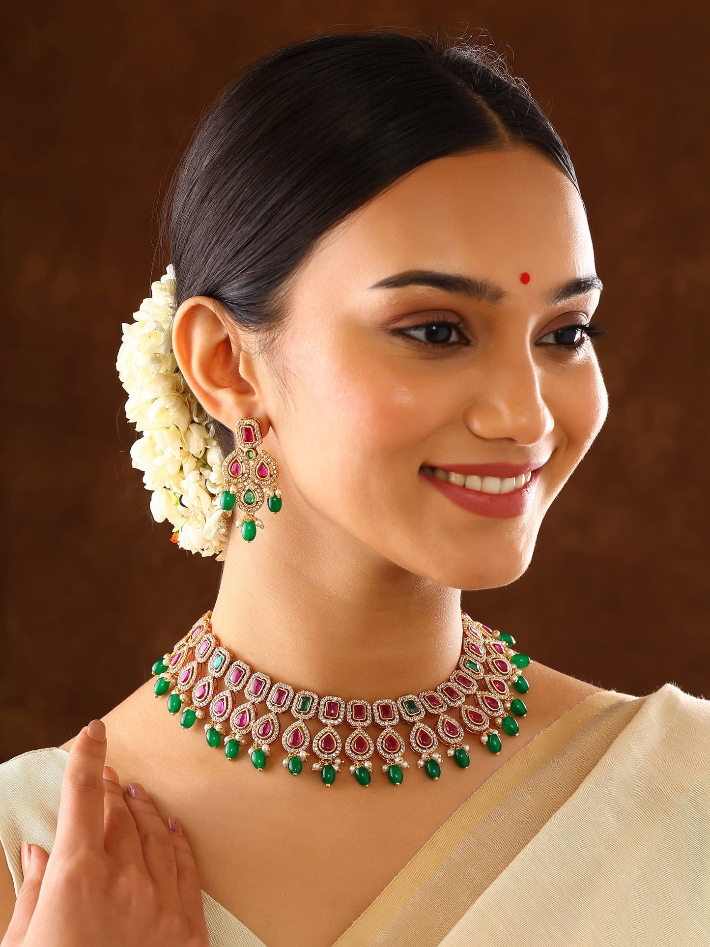 Ruby Green Drop Pattern Gold Plated Necklace with Elegant Earrings Jewellery Set