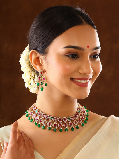 Ruby Green Drop Pattern Gold Plated Necklace with Elegant Earrings Jewellery Set