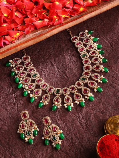 Ruby Green Drop Pattern Gold Plated Necklace with Elegant Earrings Jewellery Set