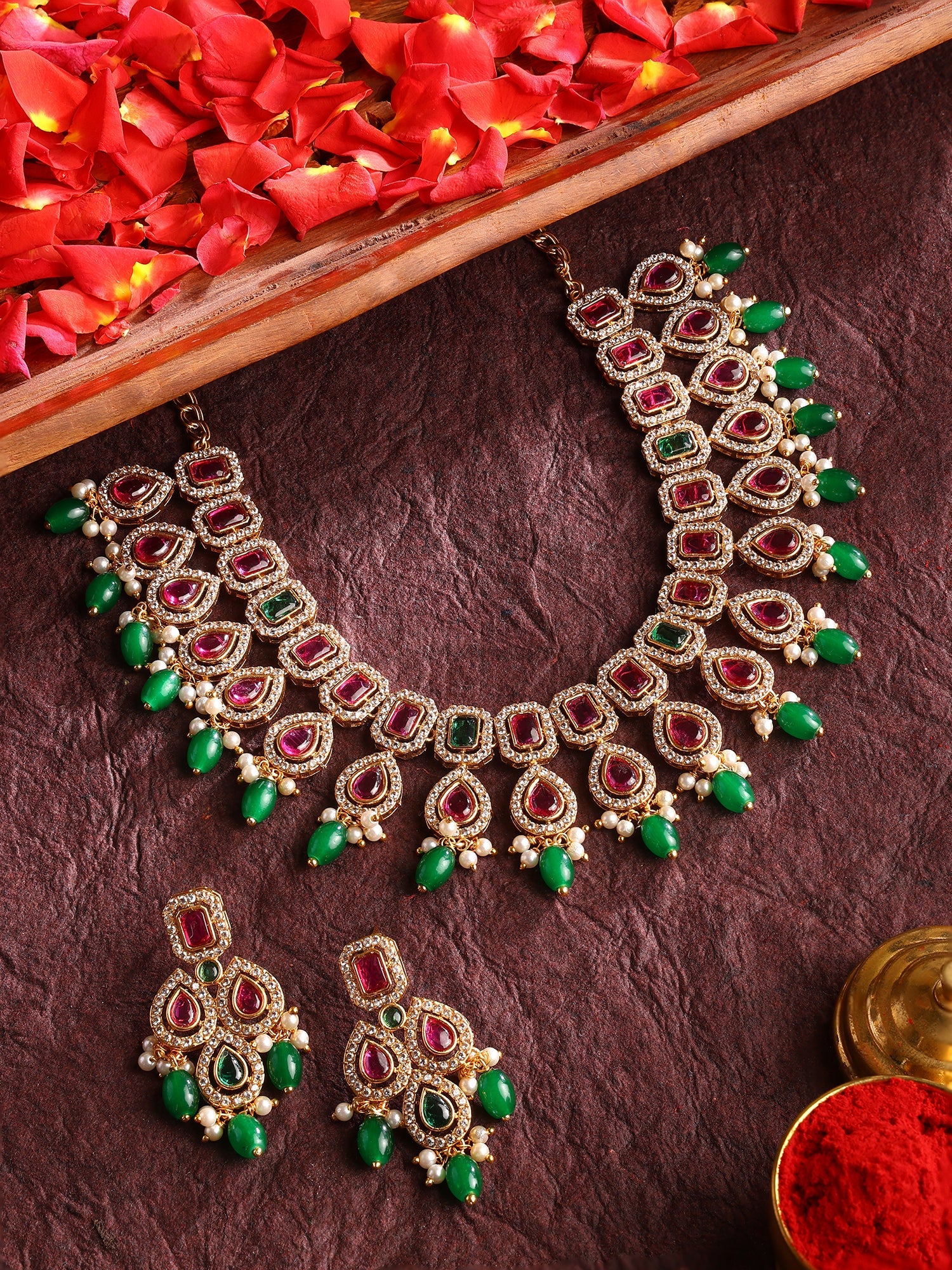 Ruby Green Drop Pattern Gold Plated Necklace with Elegant Earrings Jewellery Set