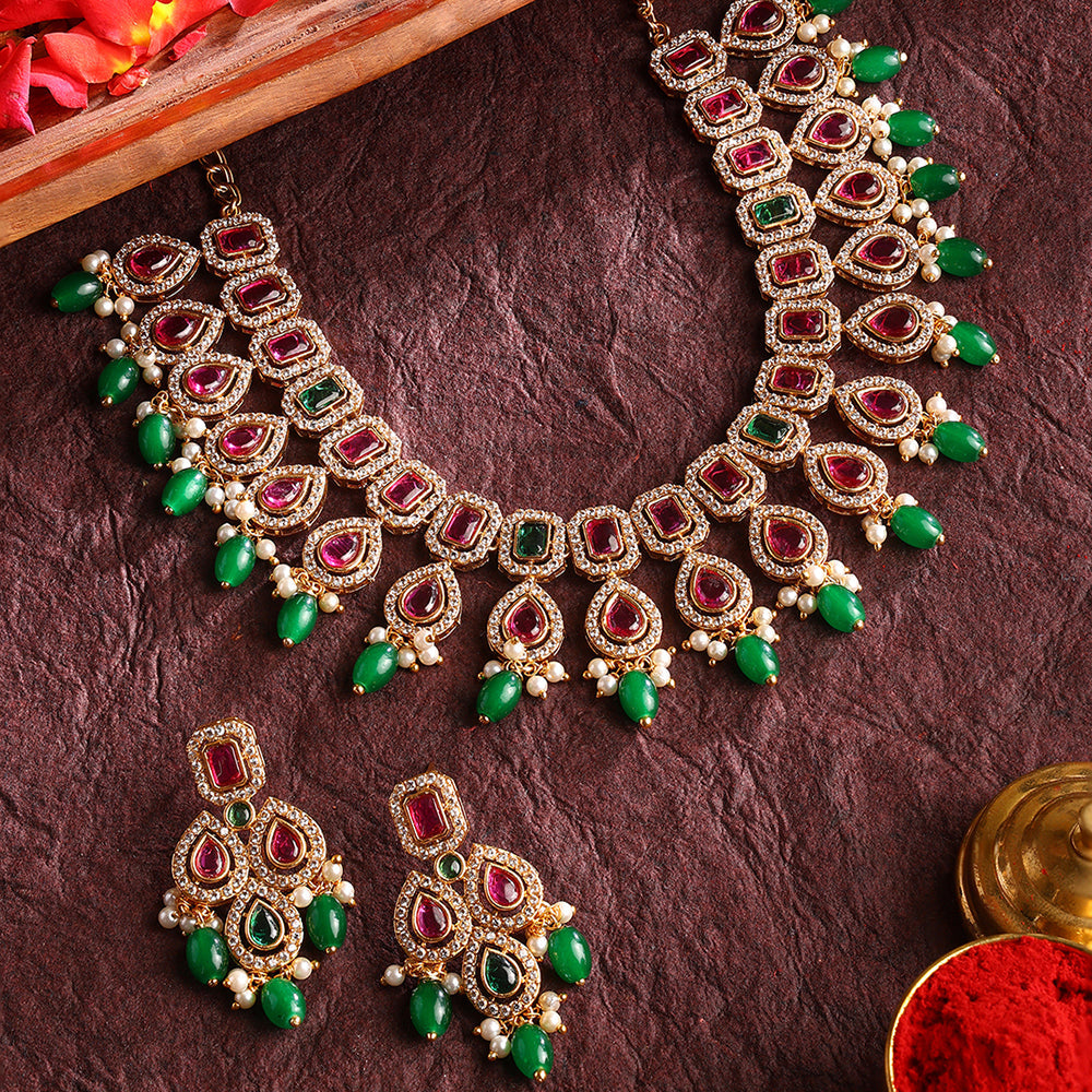 Ruby Green Drop Pattern Gold Plated Necklace with Elegant Earrings Jewellery Set