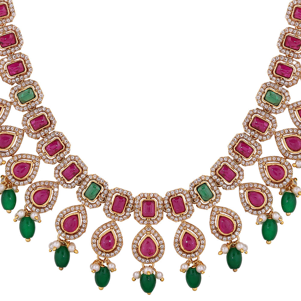 Ruby Green Drop Pattern Gold Plated Necklace with Elegant Earrings Jewellery Set
