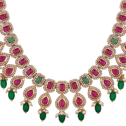 Ruby Green Drop Pattern Gold Plated Necklace with Elegant Earrings Jewellery Set