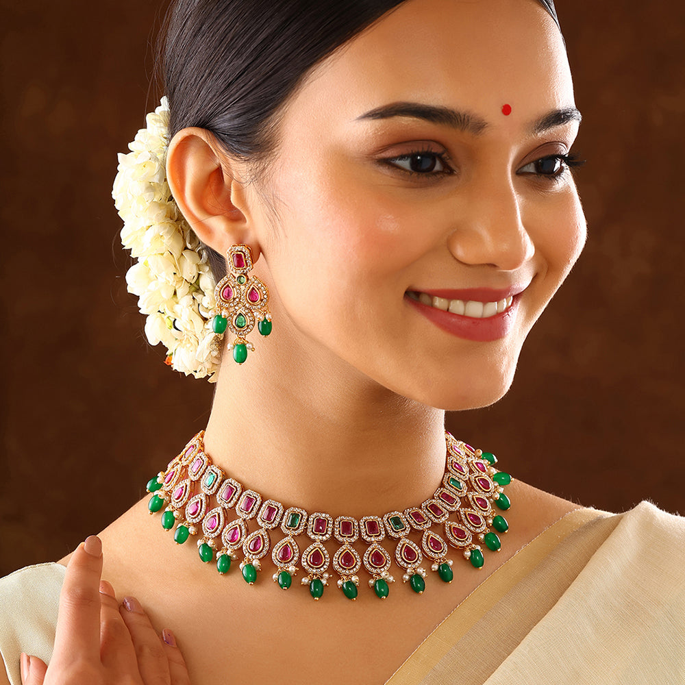 Ruby Green Drop Pattern Gold Plated Necklace with Elegant Earrings Jewellery Set