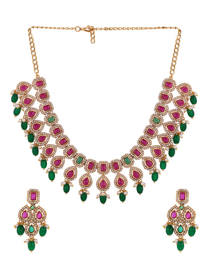 Ruby Green Drop Pattern Gold Plated Necklace with Elegant Earrings Jewellery Set