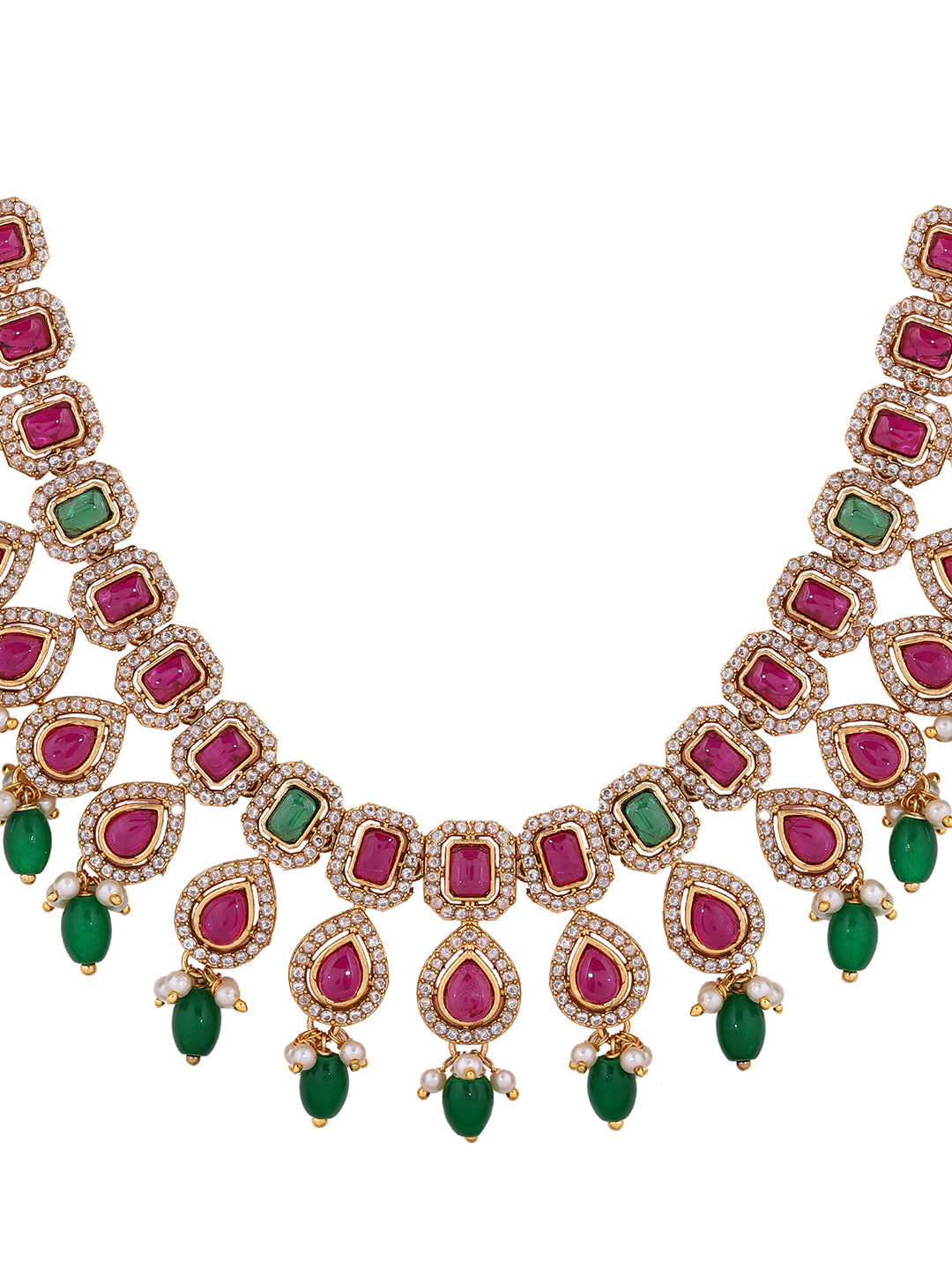 Ruby Green Drop Pattern Gold Plated Necklace with Elegant Earrings Jewellery Set
