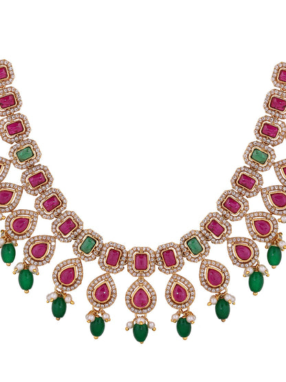 Ruby Green Drop Pattern Gold Plated Necklace with Elegant Earrings Jewellery Set