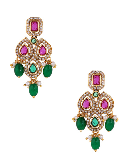 Ruby Green Drop Pattern Gold Plated Necklace with Elegant Earrings Jewellery Set