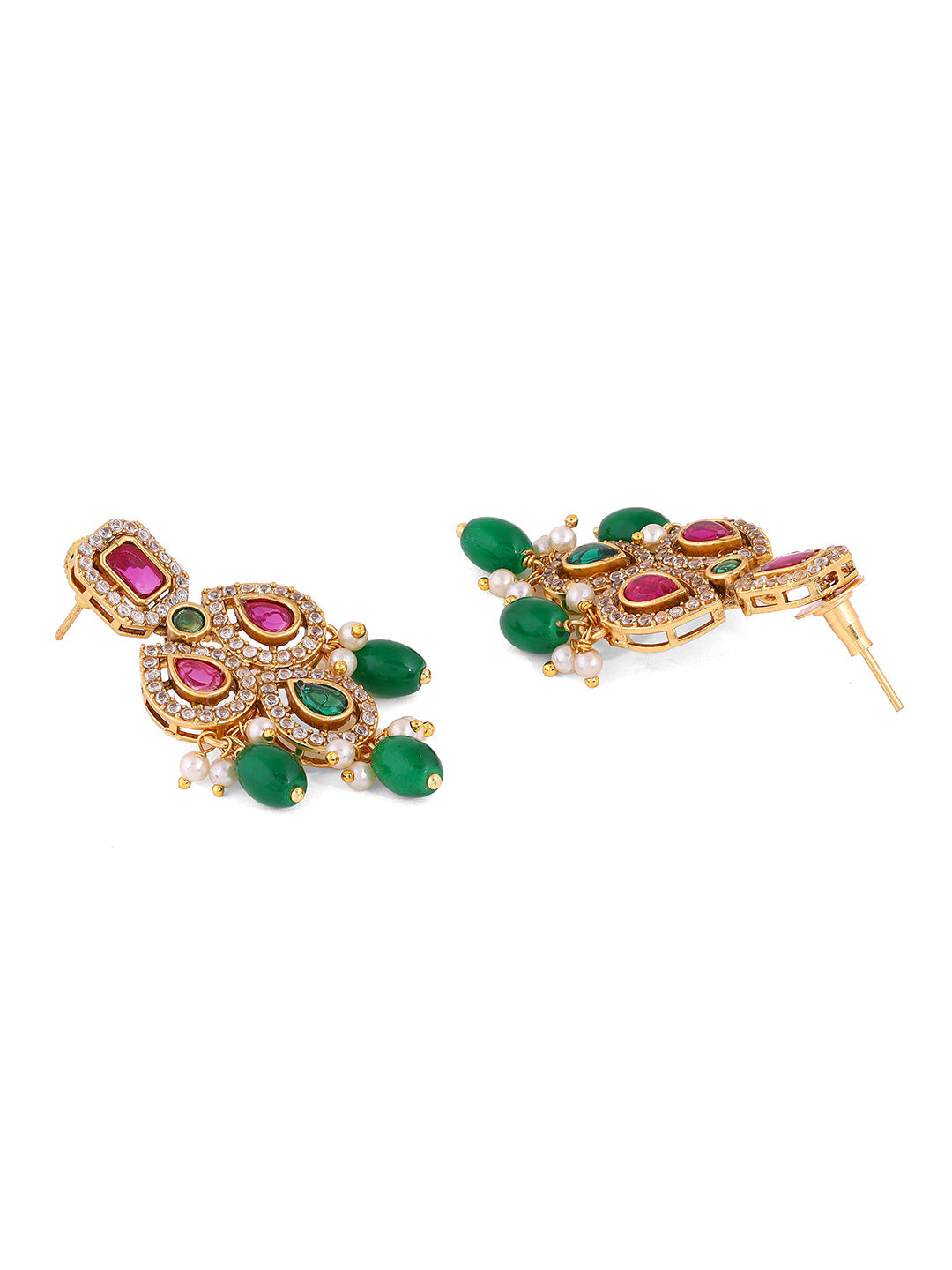Ruby Green Drop Pattern Gold Plated Necklace with Elegant Earrings Jewellery Set