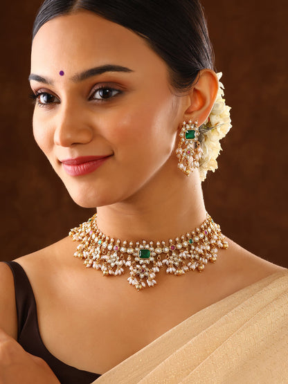 Emerald Elegance Pearls style Gold Plated Necklace with Drop Earrings Jewellery Set
