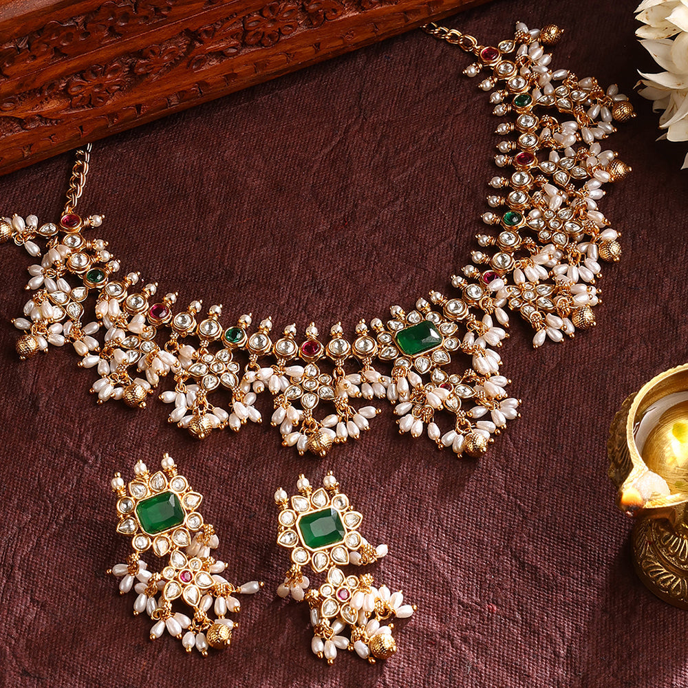 Emerald Elegance Pearls style Gold Plated Necklace with Drop Earrings Jewellery Set