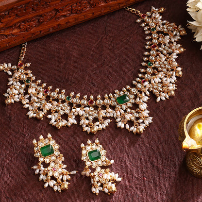 Emerald Elegance Pearls style Gold Plated Necklace with Drop Earrings Jewellery Set