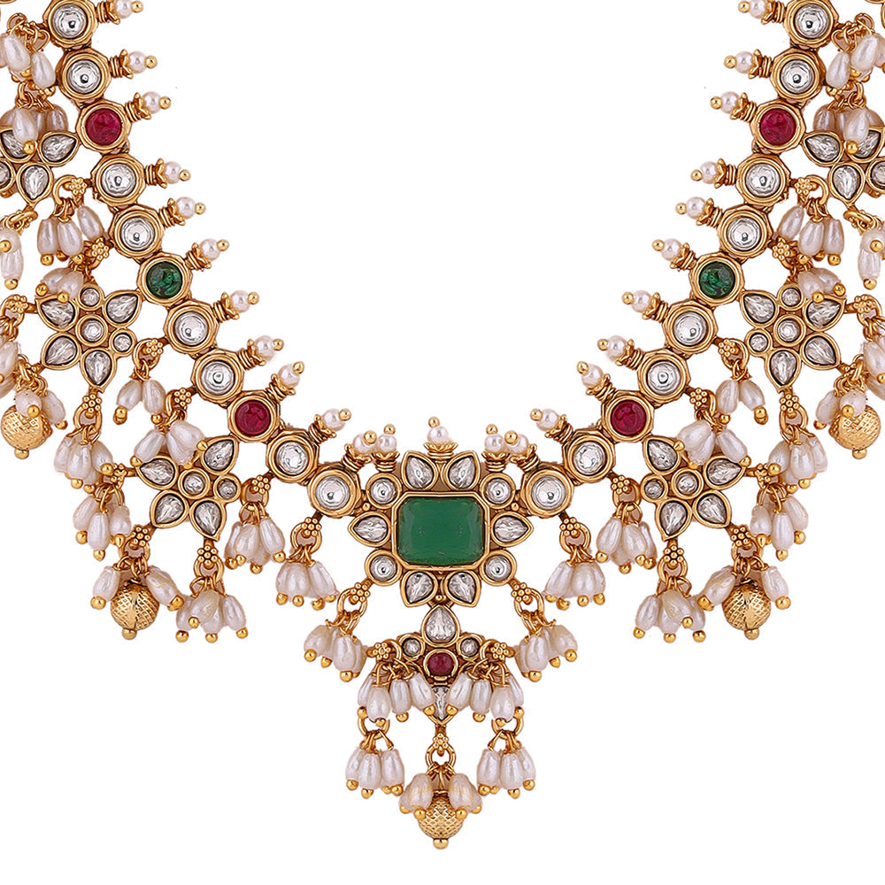 Emerald Elegance Pearls style Gold Plated Necklace with Drop Earrings Jewellery Set