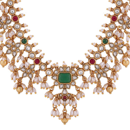 Emerald Elegance Pearls style Gold Plated Necklace with Drop Earrings Jewellery Set