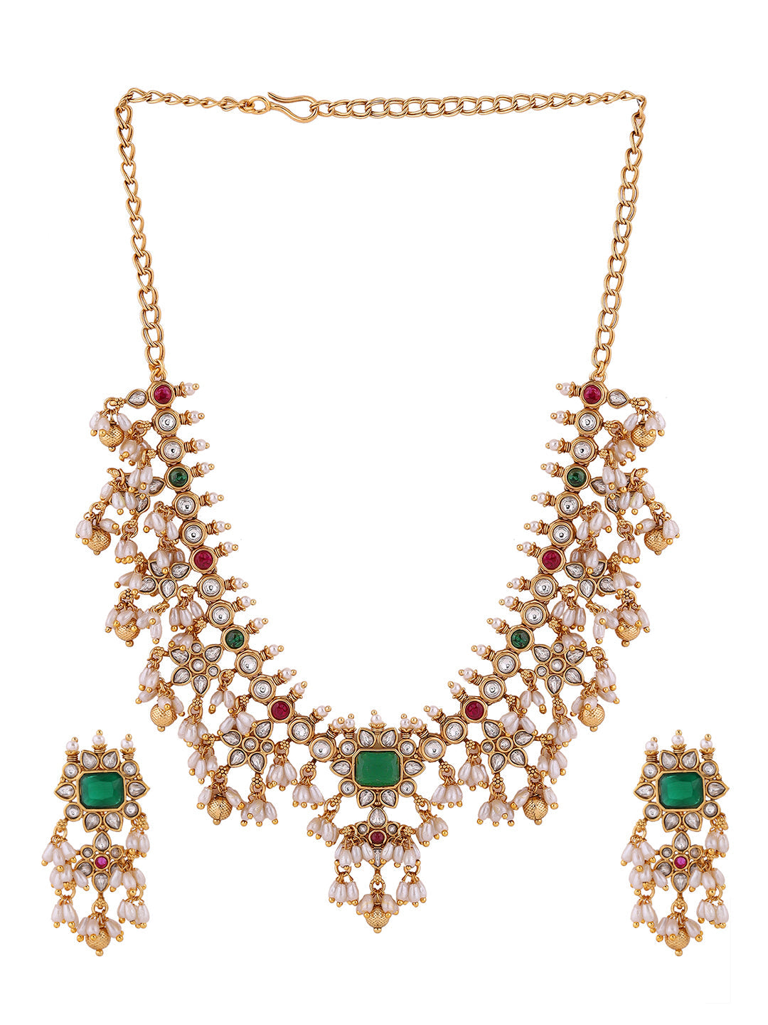 Emerald Elegance Pearls style Gold Plated Necklace with Drop Earrings Jewellery Set