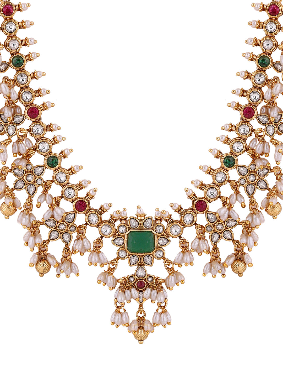 Emerald Elegance Pearls style Gold Plated Necklace with Drop Earrings Jewellery Set