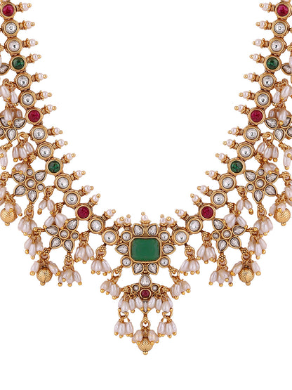 Emerald Elegance Pearls style Gold Plated Necklace with Drop Earrings Jewellery Set