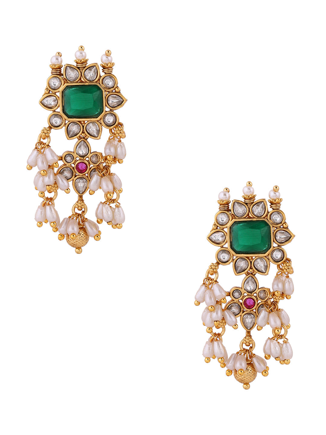 Emerald Elegance Pearls style Gold Plated Necklace with Drop Earrings Jewellery Set