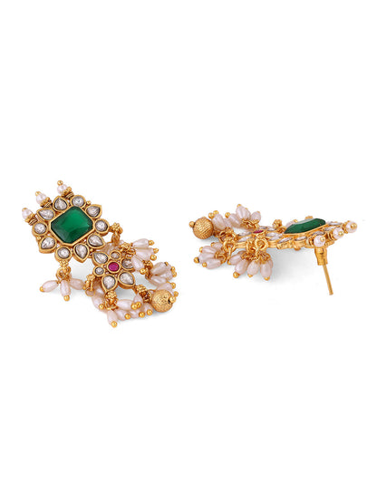 Emerald Elegance Pearls style Gold Plated Necklace with Drop Earrings Jewellery Set