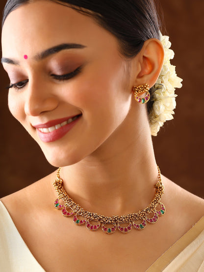 Mini Chand Pattern Gold Plated Necklace with Mini Stud Earrings Jewellery Set