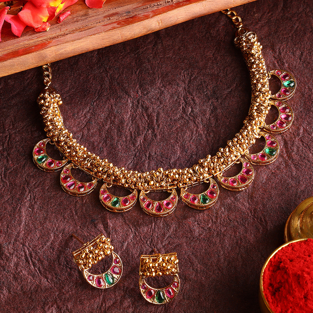 Mini Chand Pattern Gold Plated Necklace with Mini Stud Earrings Jewellery Set