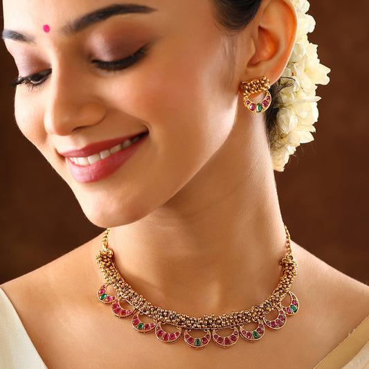 Mini Chand Pattern Gold Plated Necklace with Mini Stud Earrings Jewellery Set