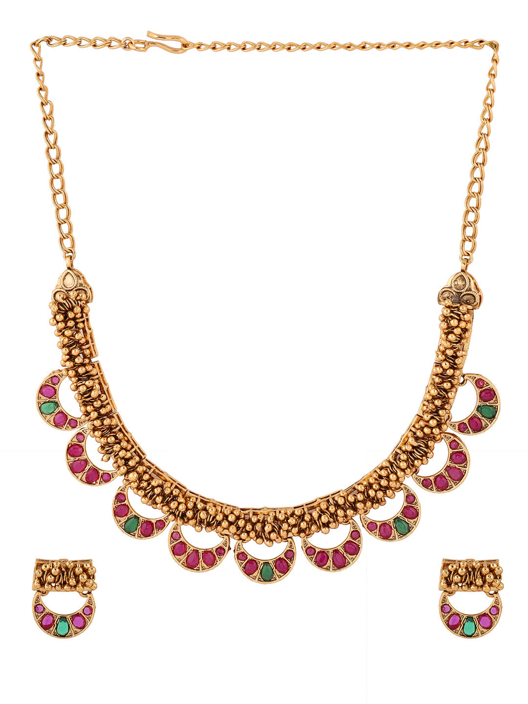 Mini Chand Pattern Gold Plated Necklace with Mini Stud Earrings Jewellery Set
