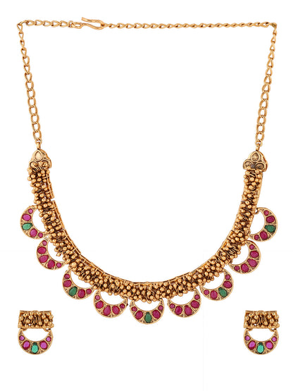 Mini Chand Pattern Gold Plated Necklace with Mini Stud Earrings Jewellery Set