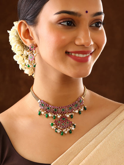 Floral Pattern Ruby Green Combo Elegance with Drop Earrings Jewllery Set