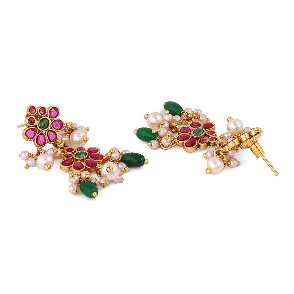 Floral Pattern Ruby Green Combo Elegance with Drop Earrings Jewllery Set