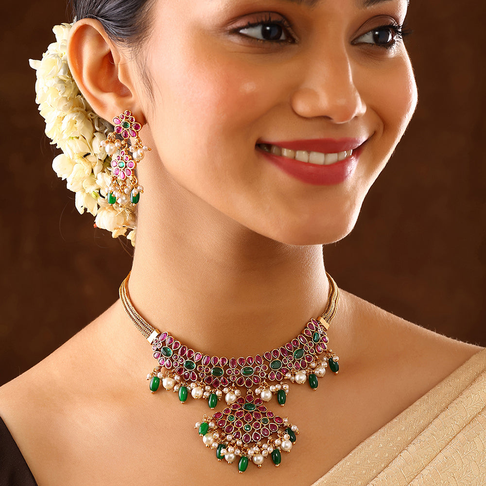 Floral Pattern Ruby Green Combo Elegance with Drop Earrings Jewllery Set