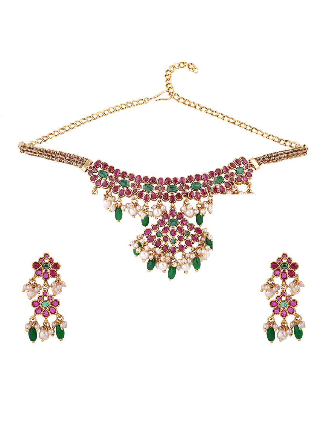Floral Pattern Ruby Green Combo Elegance with Drop Earrings Jewllery Set