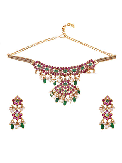 Floral Pattern Ruby Green Combo Elegance with Drop Earrings Jewllery Set
