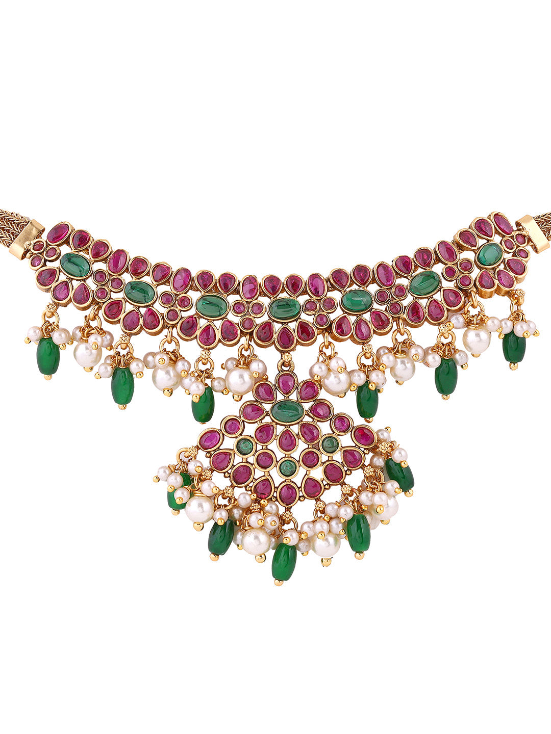 Floral Pattern Ruby Green Combo Elegance with Drop Earrings Jewllery Set