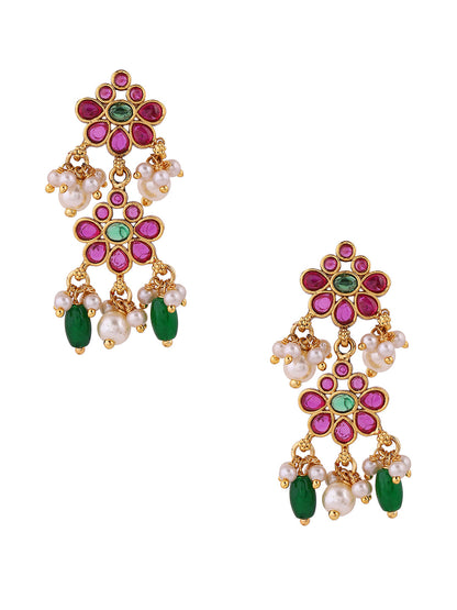 Floral Pattern Ruby Green Combo Elegance with Drop Earrings Jewllery Set