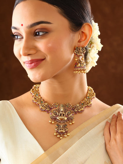 Goddess Lakshmi Sequel Style Gold Plated with Drop Earrings Jewellery Set