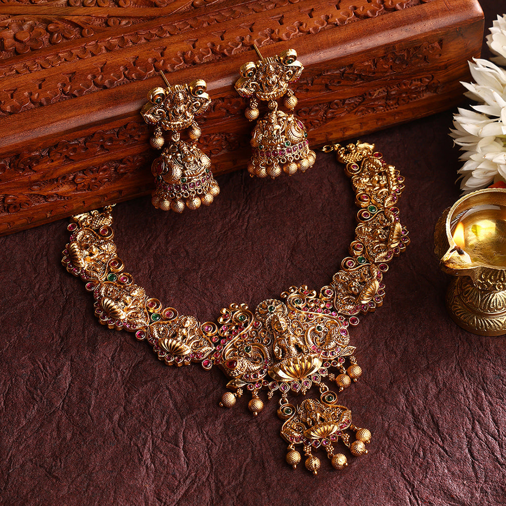 Goddess Lakshmi Sequel Style Gold Plated with Drop Earrings Jewellery Set