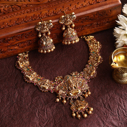 Goddess Lakshmi Sequel Style Gold Plated with Drop Earrings Jewellery Set