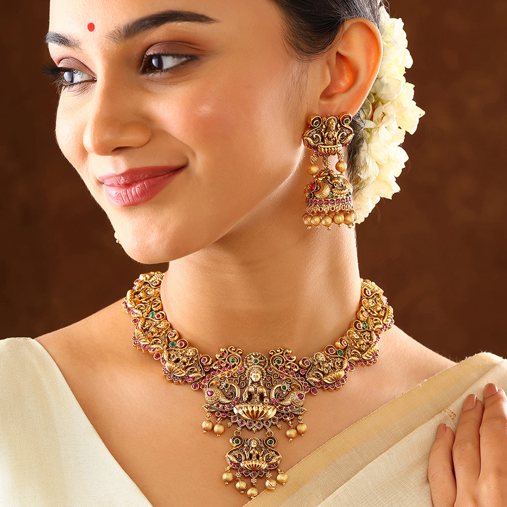 Goddess Lakshmi Sequel Style Gold Plated with Drop Earrings Jewellery Set