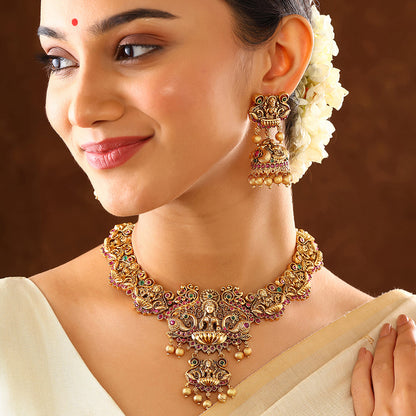 Goddess Lakshmi Sequel Style Gold Plated with Drop Earrings Jewellery Set