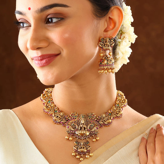 Goddess Lakshmi Sequel Style Gold Plated with Drop Earrings Jewellery Set