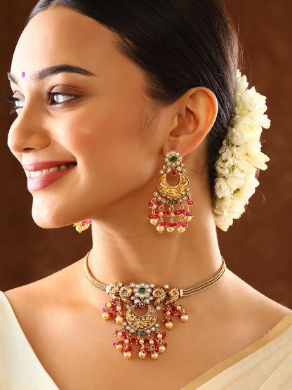 Floral Chandbali style Temple Pattern Gold Plated with Earrings Jewellery Set