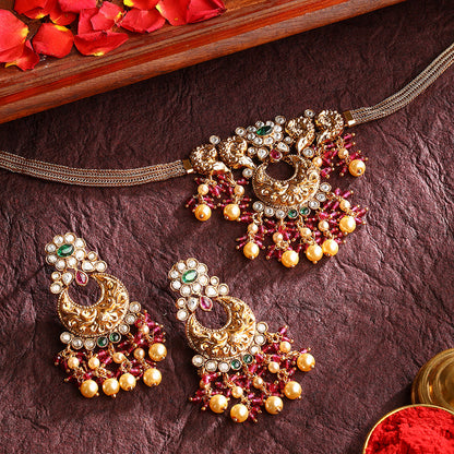 Floral Chandbali style Temple Pattern Gold Plated with Earrings Jewellery Set