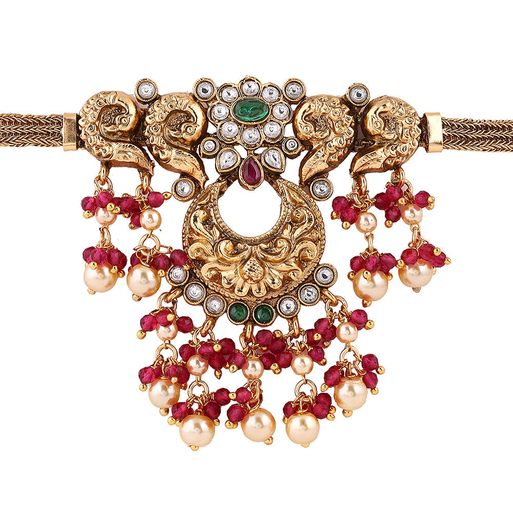 Floral Chandbali style Temple Pattern Gold Plated with Earrings Jewellery Set