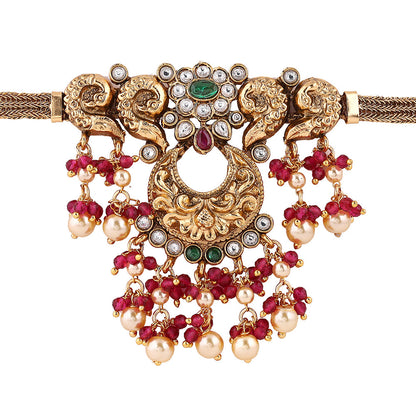 Floral Chandbali style Temple Pattern Gold Plated with Earrings Jewellery Set