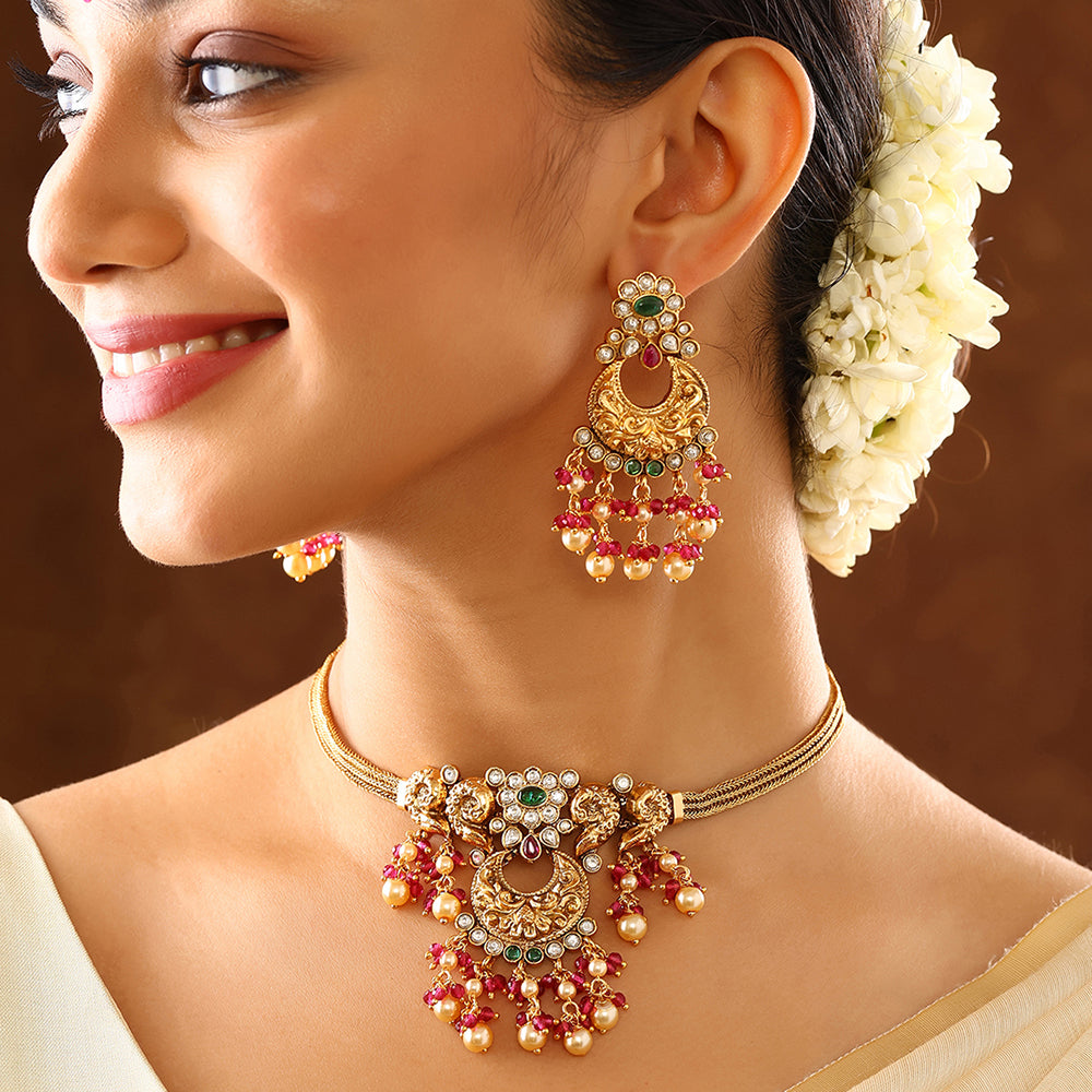 Floral Chandbali style Temple Pattern Gold Plated with Earrings Jewellery Set