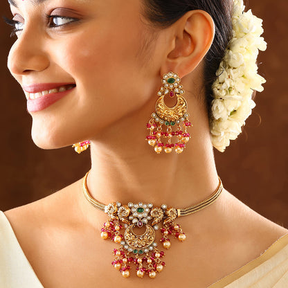 Floral Chandbali style Temple Pattern Gold Plated with Earrings Jewellery Set